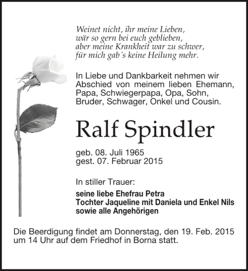  Traueranzeige für Ralf Spindler vom 14.02.2015 aus Leipziger Volkszeitung