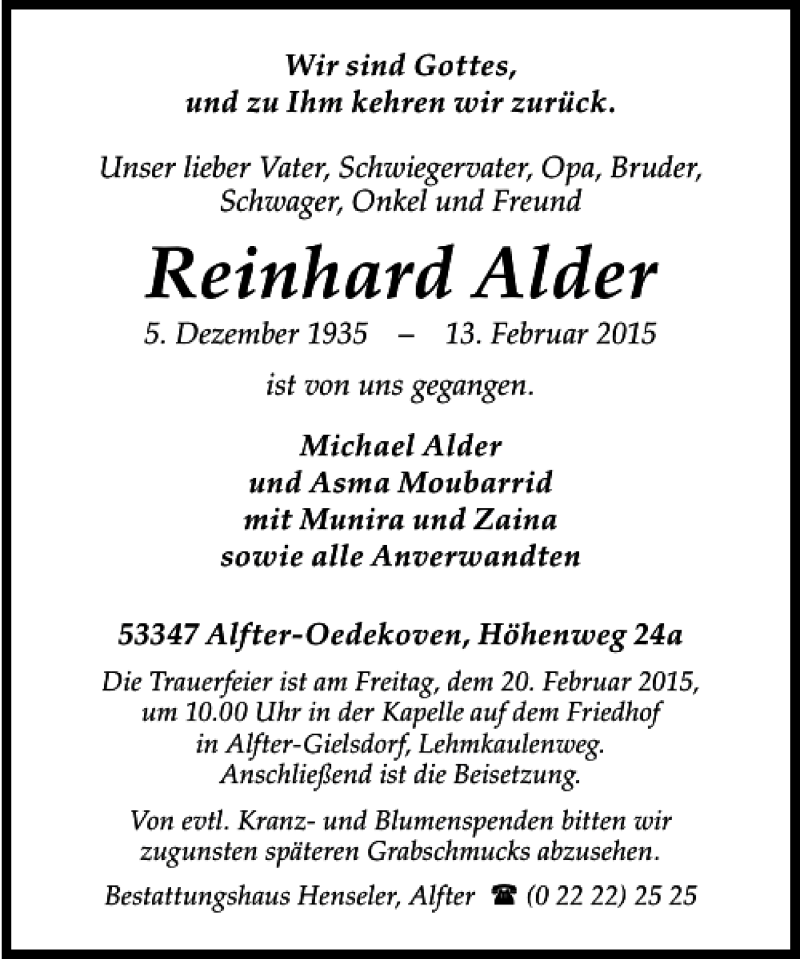  Traueranzeige für Reinhard Alder vom 19.02.2015 aus Schaumburger Nachrichten