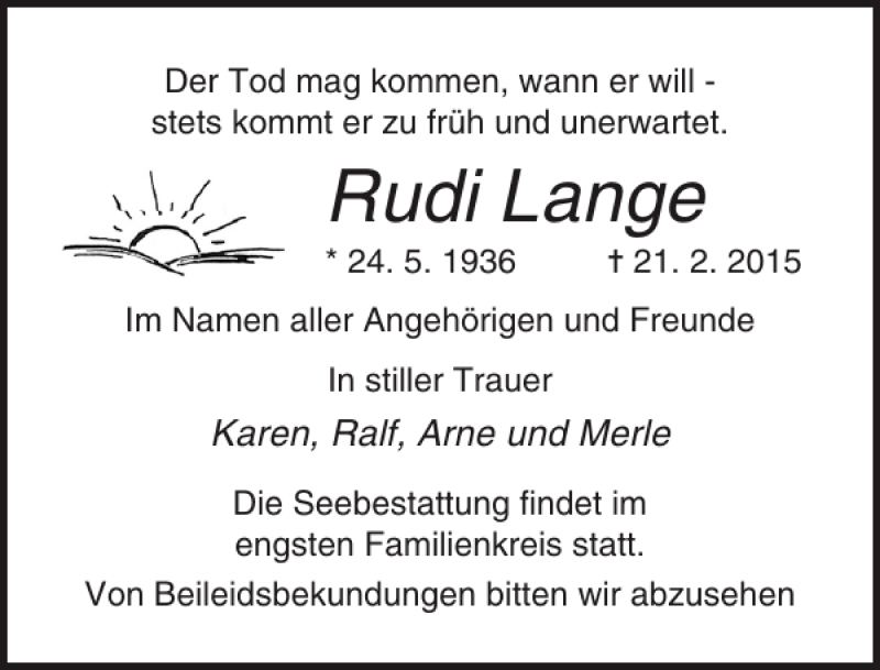  Traueranzeige für Rudi Lange vom 28.02.2015 aus Ostsee-Zeitung