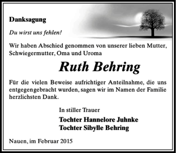 Traueranzeige von Ruth Behring von MAZ-Trauer.de