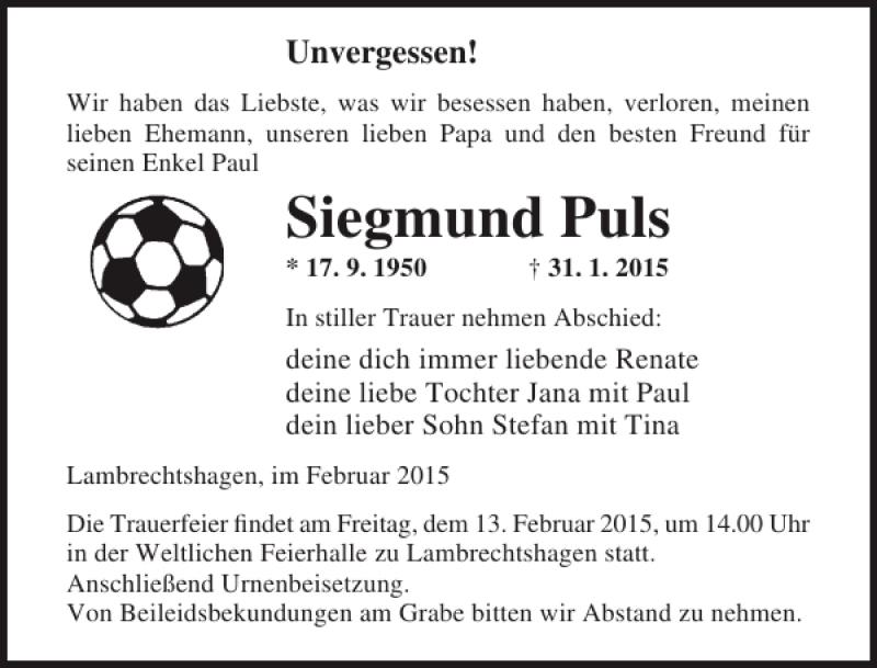  Traueranzeige für Siegmund Puls vom 07.02.2015 aus Ostsee-Zeitung