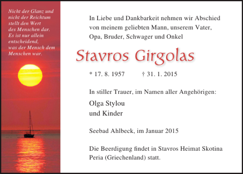  Traueranzeige für Stavros Girgolas vom 04.02.2015 aus Ostsee-Zeitung