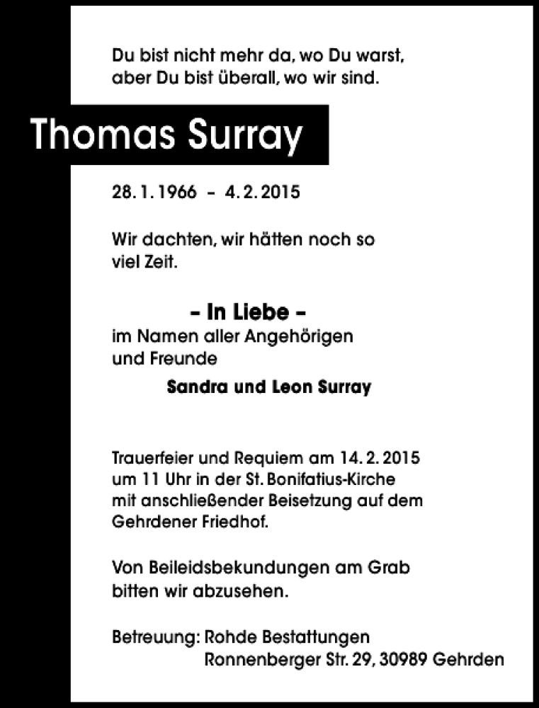  Traueranzeige für Thomas Surray vom 10.02.2015 aus HAZ/NP