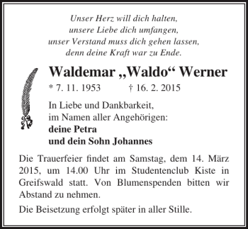 Traueranzeige von Waldemar Waldo Werner von Ostsee-Zeitung