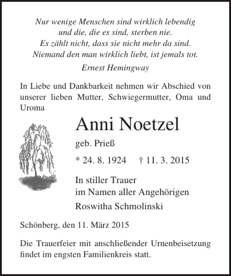  Traueranzeige für Anni Noetzel vom 17.03.2015 aus Ostsee-Zeitung
