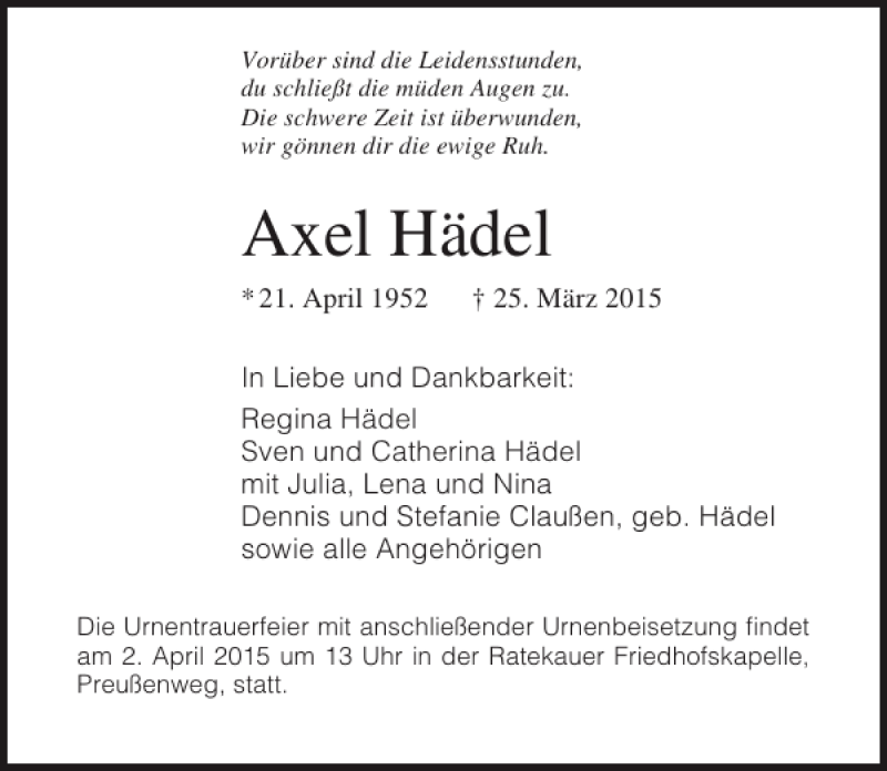  Traueranzeige für Axel Hädel vom 29.03.2015 aus Lübecker Nachrichten