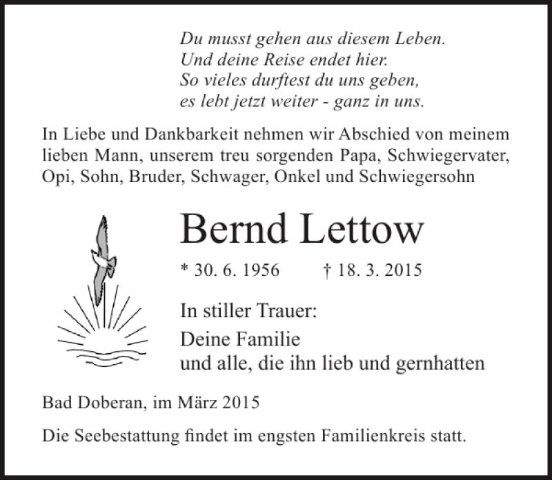  Traueranzeige für Bernd Lettow vom 21.03.2015 aus Ostsee-Zeitung
