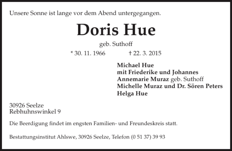  Traueranzeige für Doris Hue vom 28.03.2015 aus HAZ/NP