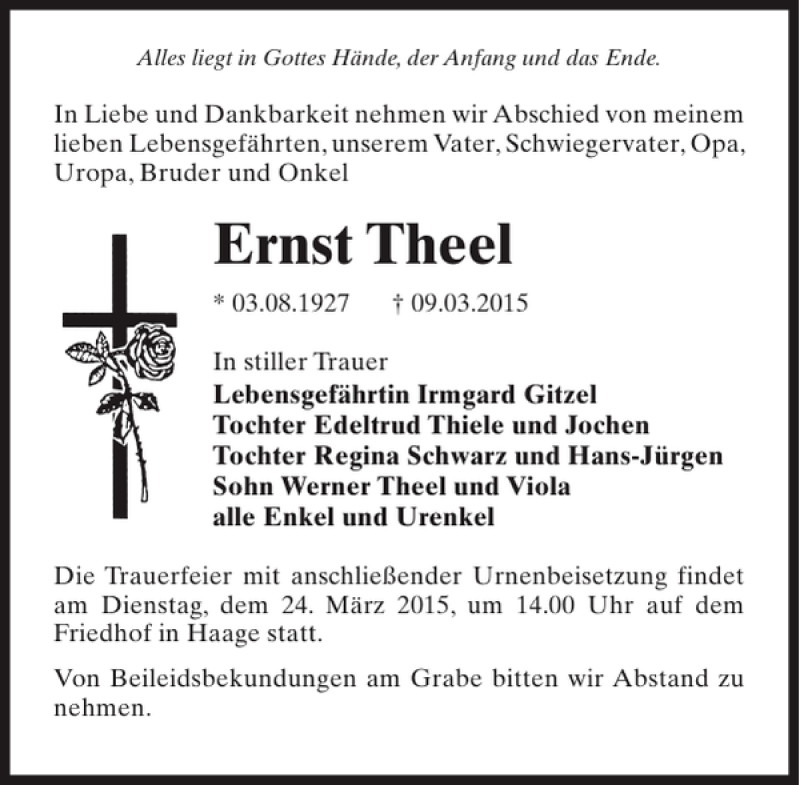  Traueranzeige für Ernst Theel vom 18.03.2015 aus MAZ-Trauer.de