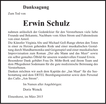 Traueranzeige von Erwin Schulz von Ostsee-Zeitung