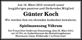Traueranzeige von Günter Koch von Peiner Allgemeine Zeitung