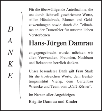 Traueranzeige von Hans-Jürgen Damrau von Ostsee-Zeitung
