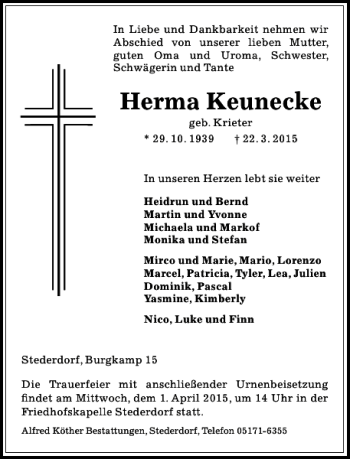 Traueranzeige von Herma Keunecke von Peiner Allgemeine Zeitung