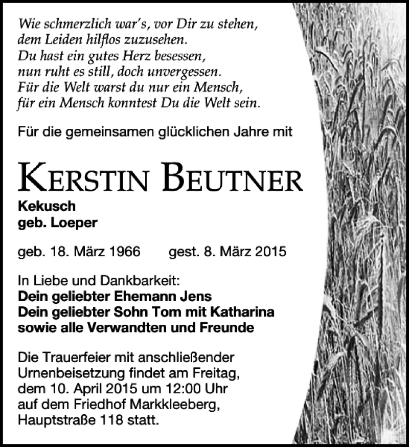  Traueranzeige für Kerstin Beutner vom 28.03.2015 aus Leipziger Volkszeitung