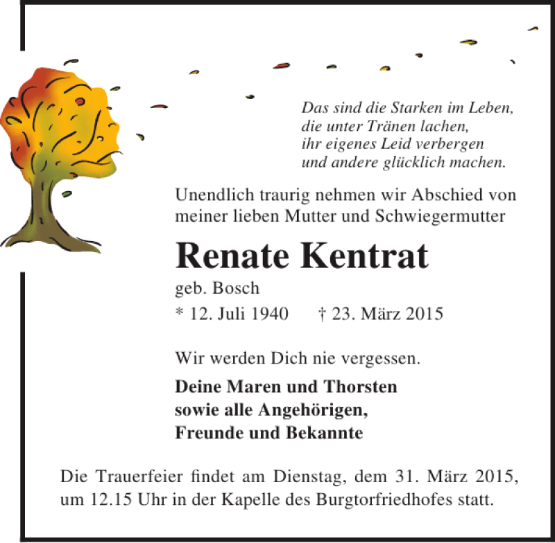  Traueranzeige für Renate Kentrat vom 29.03.2015 aus Lübecker Nachrichten