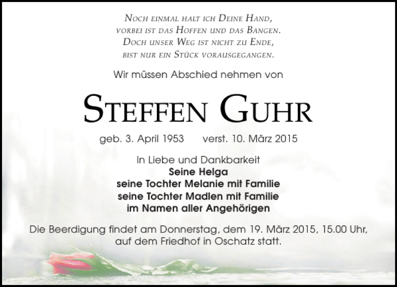  Traueranzeige für Steffen Guhr vom 14.03.2015 aus Leipziger Volkszeitung