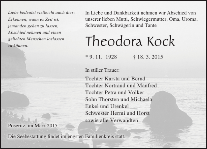  Traueranzeige für Theodora Kock vom 21.03.2015 aus Ostsee-Zeitung
