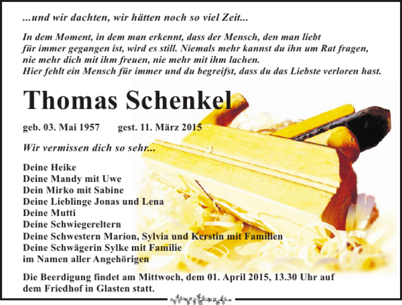  Traueranzeige für Thomas Schenkel vom 28.03.2015 aus Leipziger Volkszeitung