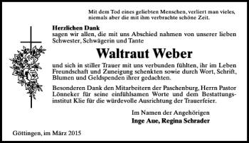Traueranzeige von Waltraut Weber von Göttinger Tageblatt
