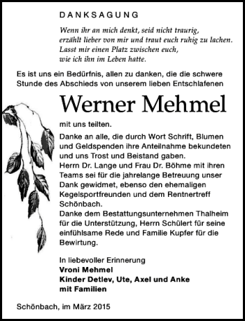Traueranzeige von Werner Mehmel von Leipziger Volkszeitung