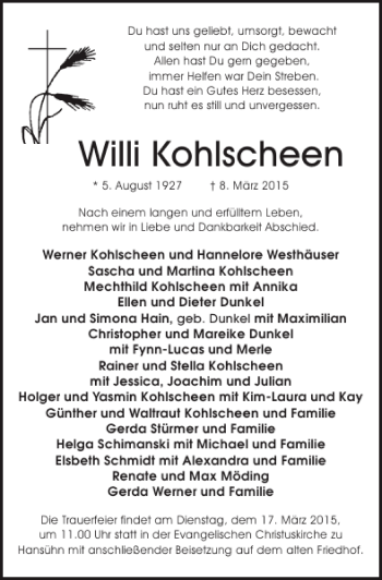 Traueranzeige von Willi Kohlscheen von Lübecker Nachrichten