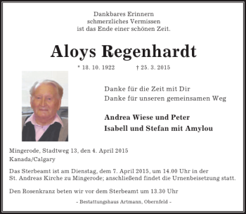 Traueranzeige von Aloys Regenhardt von Eichsfelder Tageblatt