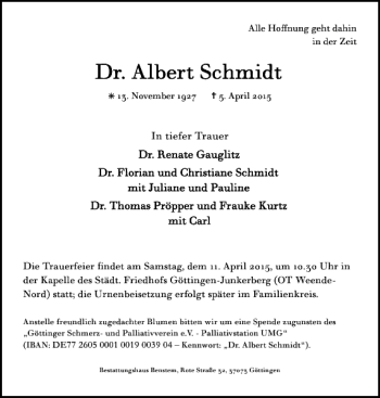 Traueranzeige von Dr. Albert Schmidt von Göttinger Tageblatt
