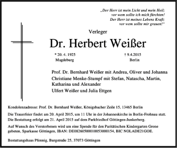 Traueranzeige von Dr. Herbert Weißer von Göttinger Tageblatt