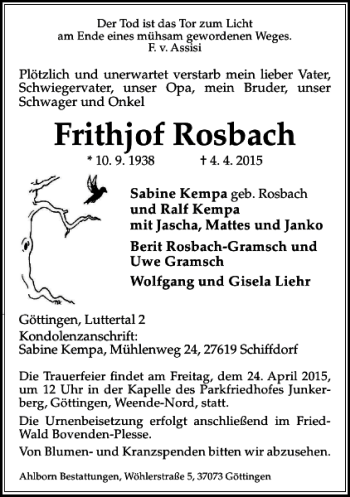 Traueranzeige von Frithjof Rosbach von Göttinger Tageblatt