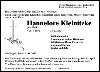 Traueranzeige von Hannelore Kleinitzke von Göttinger Tageblatt