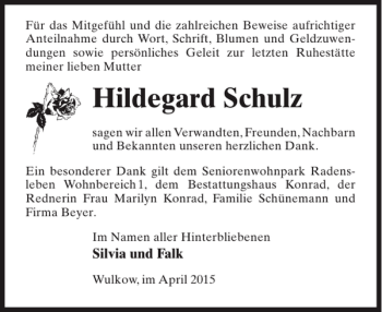 Traueranzeige von Hildegard Schulz von MAZ-Trauer.de