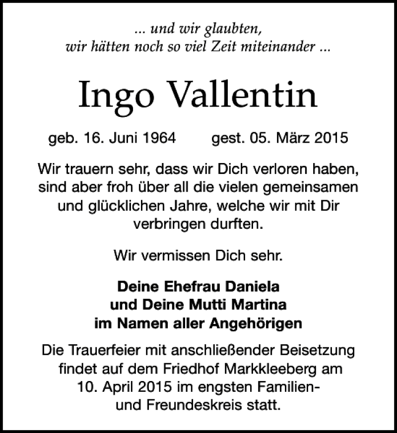  Traueranzeige für Ingo Vallentin vom 04.04.2015 aus Leipziger Volkszeitung