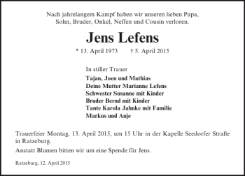 Traueranzeige von Jens Lefens von Lübecker Nachrichten