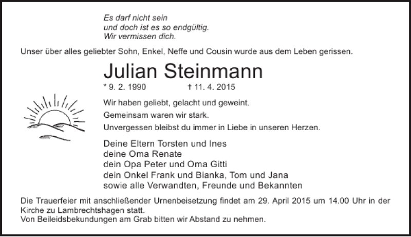  Traueranzeige für Julian Steinmann vom 18.04.2015 aus Ostsee-Zeitung