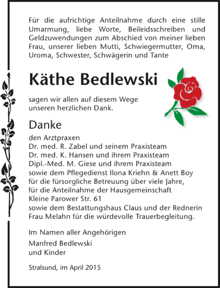  Traueranzeige für Käthe Bedlewski vom 25.04.2015 aus Ostsee-Zeitung