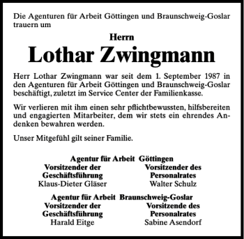 Traueranzeige von Lothar Zwingmann von Göttinger Tageblatt