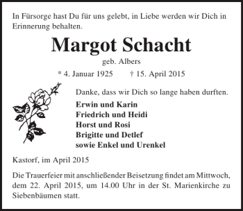 Traueranzeige von Margot Schacht von Lübecker Nachrichten
