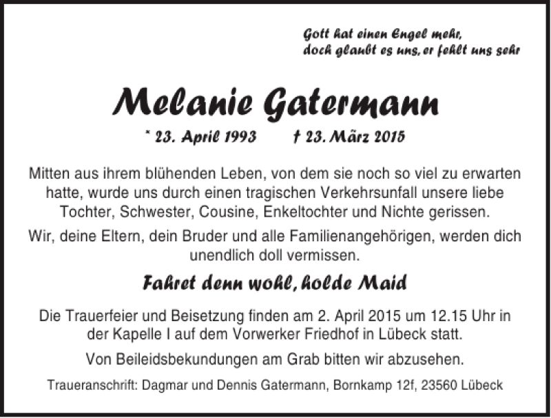  Traueranzeige für Melanie Gatermann vom 22.04.2015 aus Lübecker Nachrichten
