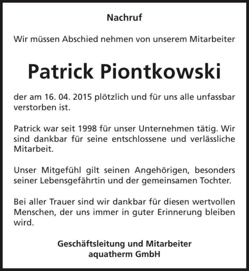  Traueranzeige für Patrick Piontkowski vom 25.04.2015 aus Sächsische Zeitung