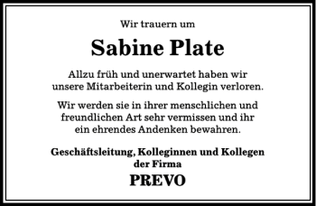 Traueranzeige von Sabine Plate von Peiner Allgemeine Zeitung