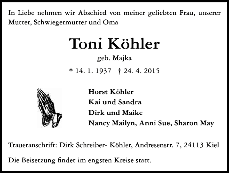  Traueranzeige für Toni Köhler vom 29.04.2015 aus Kieler Nachrichten / Segeberger Zeitung