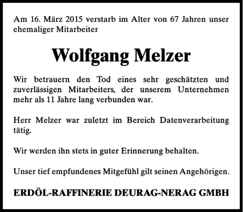  Traueranzeige für Wolfgang Melzer vom 02.04.2015 aus HAZ/NP