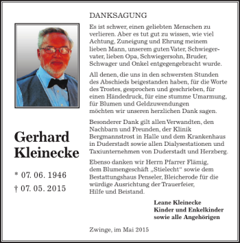 Traueranzeige von Gerhard Kleinecke von Eichsfelder Tageblatt