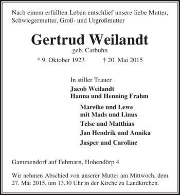 Traueranzeige von Gertrud Weilandt von Lübecker Nachrichten