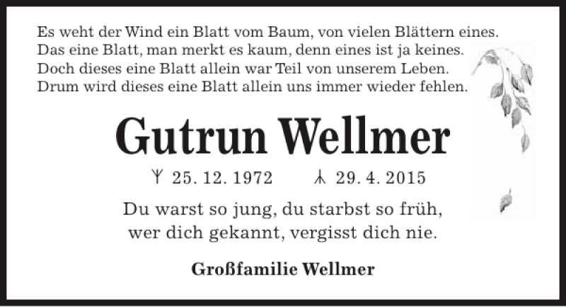  Traueranzeige für Gutrun Wellmer vom 02.05.2015 aus Kieler Nachrichten / Segeberger Zeitung