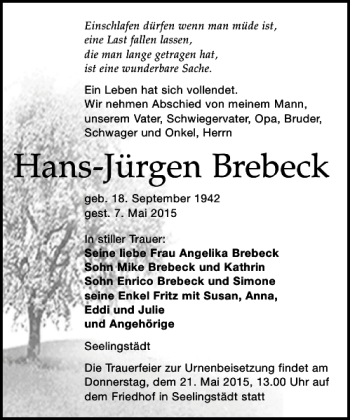 Traueranzeige von Hans-Jürgen Brebeck von Leipziger Volkszeitung