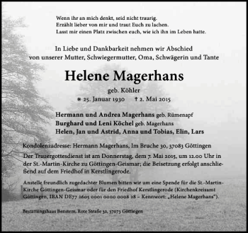 Traueranzeige von Helene Magerhans von Göttinger Tageblatt