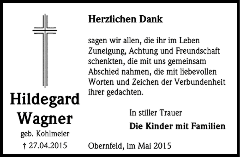  Traueranzeige für Hildegard Wagner vom 16.05.2015 aus Eichsfelder Tageblatt