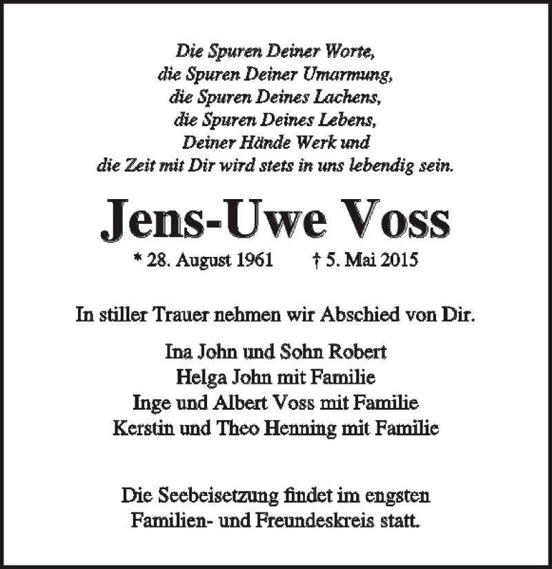  Traueranzeige für Jens-Uwe Voss vom 17.05.2015 aus Lübecker Nachrichten