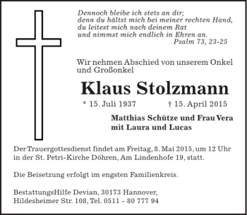 Traueranzeige von Klaus Stolzmann von HAZ/NP